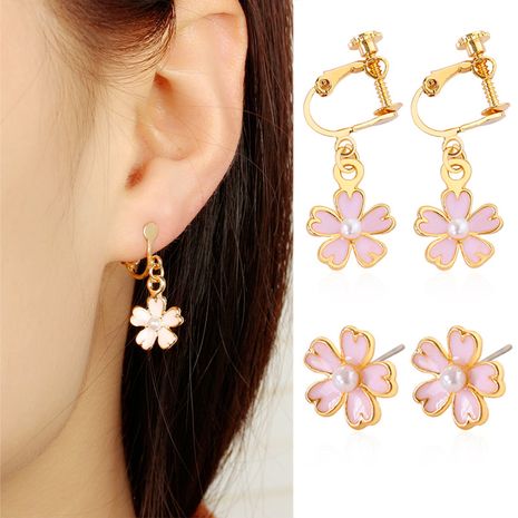 Korean oil pink cherry blossom pearl earrings Korean shamrock earring wholesale nihaojewelry's discount tags