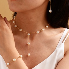 fashion women's pearl necklace earrings bracelet set sweet OL elegant pearl simple temperament necklace set
