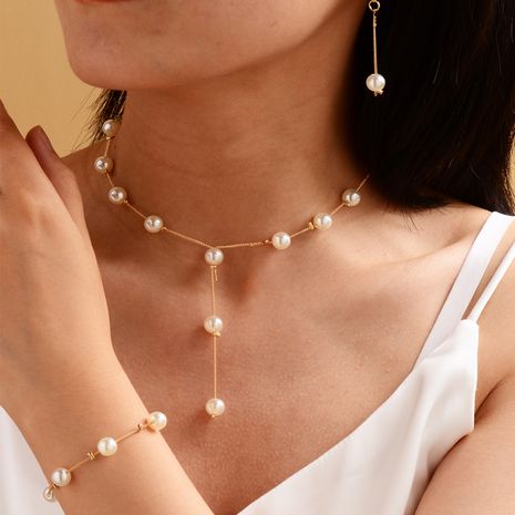 mode femmes collier de perles boucles d'oreilles bracelet ensemble doux OL élégant perle simple tempérament collier ensemble's discount tags