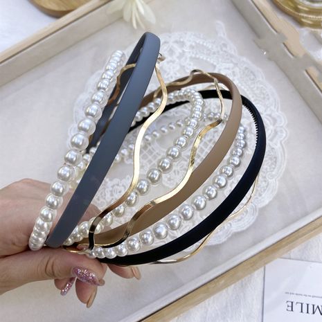 Korean fashion candy solid color frosted headband combination pearl fashion wild wave alloy thin headband pressure hair wholesale nihaojewelry's discount tags
