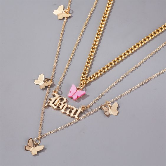 Download New Necklace Personality Bohemian Multi Layer Butterfly Necklace Three Layer Alphabet Pendant Temperament Necklace Wholesale Nihaojewelry