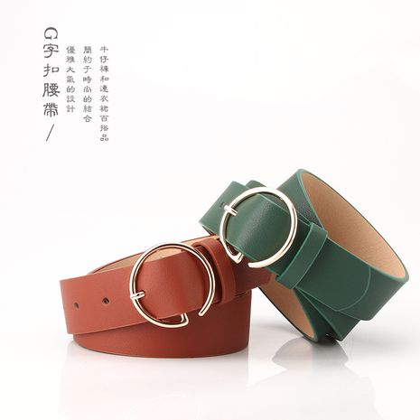 Las nuevas señoras carta hebilla redonda cinturón de cabeza simple coreano pantalones cinturón nuevos productos de moda al por mayor nihaojewelry's discount tags