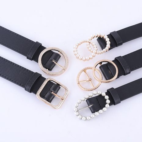 Fashionable combination ladies black belt inlaid rhinestone pearl buckle high-end belt spot wholesale nihaojewelry's discount tags