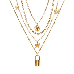 Europäische und amerikanische neue Halskette Persönlichkeit 4 Schichten Metall Schmetterling Halskette Damen Retro Street Shooting Liebe Schloss mehr schicht ige Halskette