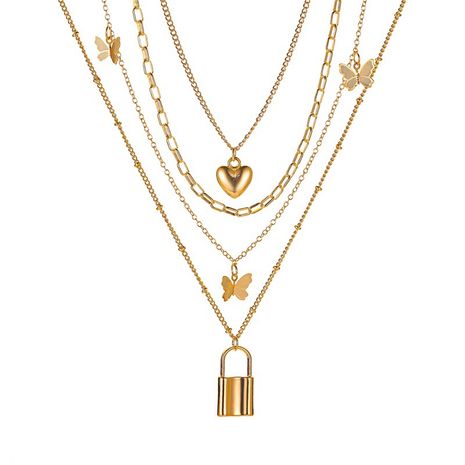 nouveau collier 4 couches métal papillon collier dames rétro amour verrouillage multicouche collier en gros nihaojewelry's discount tags