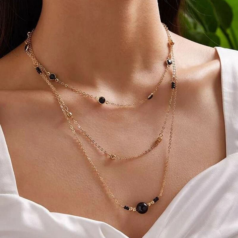 new fashion black bead necklace creative diamondset chain rice bead multilayer necklace wholesale nihaojewelry