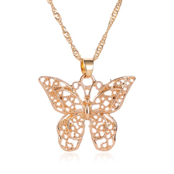 Download Fashion Hollow Double Layer Metal Butterfly Pendant Necklace Sweater Chain Big Butterfly Necklace Nhmo235903