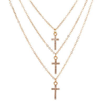 Nouveau collier croix multicouche en diamant exquis chaîne de clavicule rétro à trois couches de diamant's discount tags
