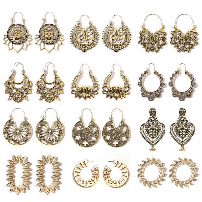 Retro ethnic style earrings fashion allmatch alloy geometric hollow gold exaggerated long earrings wholesale nihaojewelry