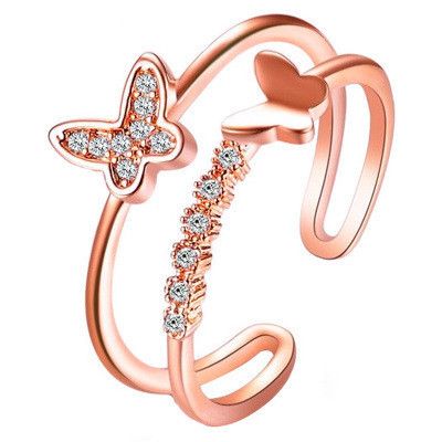 new ring double butterfly ring ladies popular rose gold diamond opening adjustable ring wholesale nihaojewelry's discount tags
