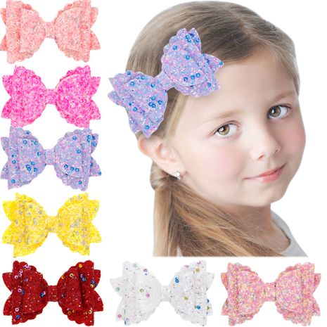 Girls three-tier bow-knot hairpin children's sequined bow-knot edging clip colored hair clips wholesale NHWO236263's discount tags