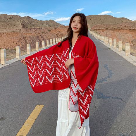 Outdoor sunscreen scarf red ethnic wind knitted jacket cloak big shawl wholesale nihaojewelry's discount tags