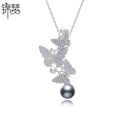 Flower Butterfly Pearl Pendant Necklace Copper Inlay Zirconium Butterfly Necklace wholesale nihaojewelry