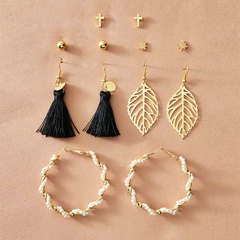 new creative hollow leaf artificial pearl tassel earrings set 6 pairs wholesale nihaojewelry