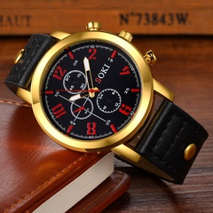 Fashion Gold Case Big Dial Three-eye Quartz Belt Watch Simple Digital Face Men's Watch wholesale nihaojewelry