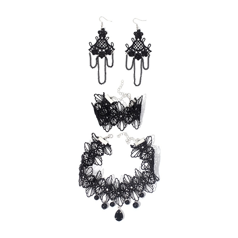 Bijoux Fantaisie Parures Bijoux | Core Style Gothique Noir Dentelle Fleur Gland Boucles D39oreilles Collier Bracelet Ensemble Pour Les Femmes En Gros - VE39526
