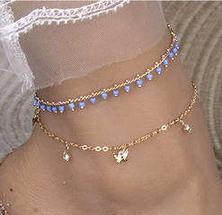 Mode metall einfache vielseitige doppel-schicht muschel stil blau bead doppel-schicht fußkettchen großhandel nihaojewelry