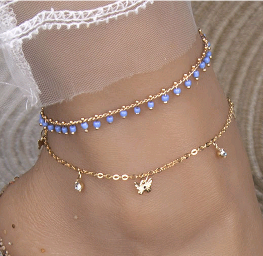 Bijoux Fantaisie Bijoux De Corps | Mode Mtal Simple Polyvalent Double Couche Style Coquillage Bleu Perle Double Couche Cheville En Gros Nihaojewelry - BD32057