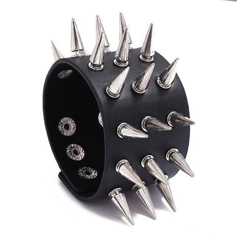 Fashion new three-row spikes exaggerated punk wide leather bracelet's discount tags