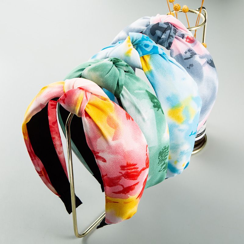 Korean new simple mixed color hair band chiffon fabric printed wide side knotted hair accessories wholesale nihaojewelry