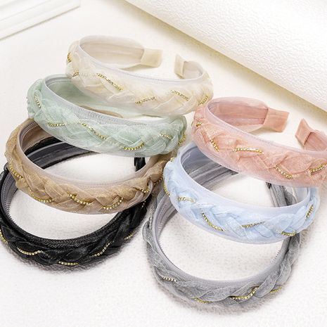 Korea Rhinestone Twist Braid Headband Pearlescent Organza Lace Headband Fabric Hairpin wholesale nihaojewelry's discount tags