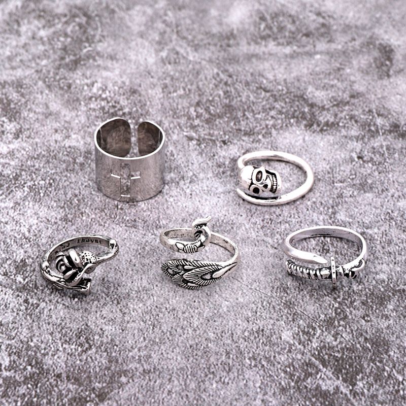 European New Punk Ring Mens and Womens Retro Gothic Antique Silver Skull Hollow Cross Rose Peacock Ring