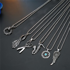 Retro silver hollow five-pointed star round scissors feather wings alloy pendant necklace wholesale nihaojewelry