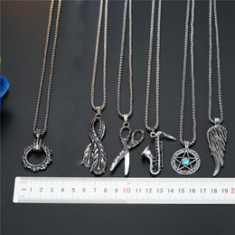 Retro silver hollow fivepointed star round scissors feather wings alloy pendant necklace wholesale nihaojewelrypicture14