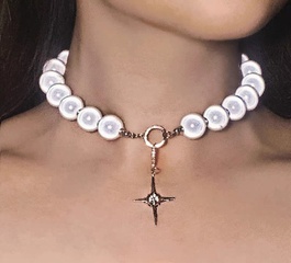 exaggerated hip hop highlight pearl diamond cross pendant clavicle chain choker wholesale nihaojewelry