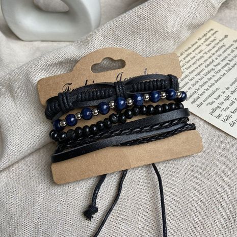 Bracelet en cuir bleu argent perlé noir pour hommes 4 Pack Creative Retro Bracelet en gros nihaojewelry's discount tags