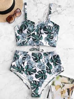 new hot spring beach bikini swimsuit steel tray gathered sexy lattice green leaves bikini wholesale nihaojewelry