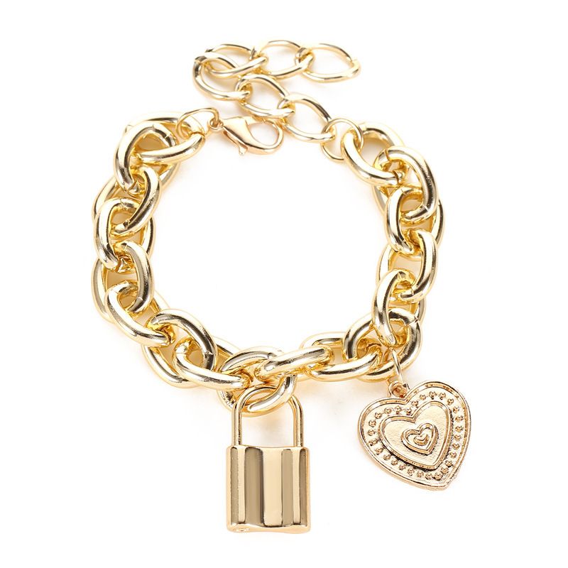 hot sale punk style hiphop thick chain lock bracelet fashion couple love pendant bracelet jewelry wholesale nihaojewelry