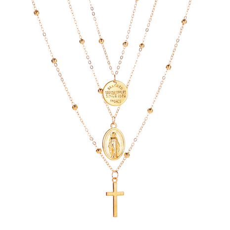 Nouveau collier en métal à trois couches Alphabet Christian Jesus pendentif collier multicouche croix collier en gros nihaojewelry's discount tags