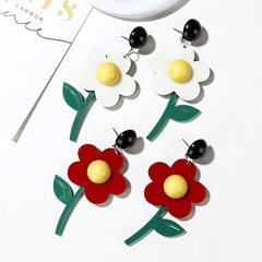 new Korea flower earrings lovely green leaf flower contrast color acrylic earrings long earrings women