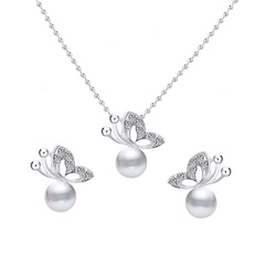 Korea Fashion Simple Full Diamond Butterfly Pearl alloy Earring Necklace Set
