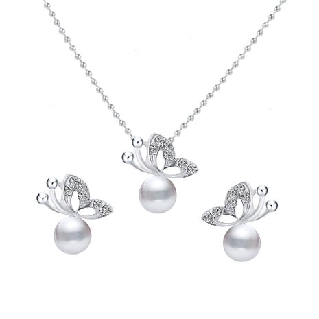 Korea Fashion Simple Full Diamond Butterfly Pearl alloy Earring Necklace Set's discount tags