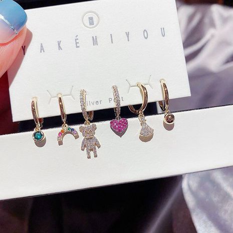 High-End-koreanische Ohrringe Set Farbe Zirkon Mikro eingelegt niedlichen Mädchen Bär Rock Liebe Ohrringe Ohrringe's discount tags