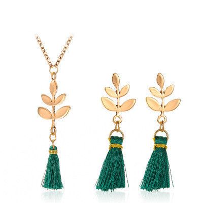 Fashion leaf pendant tassel two-piece alloy earrings necklace set for women's discount tags
