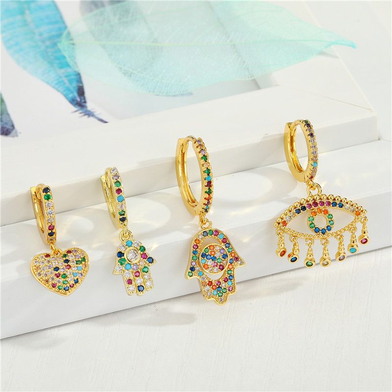 Fashion microinlaid love color zircon palm exquisite diamondset eyes tassel small copper earrings