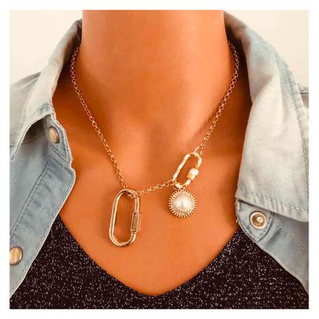 fashion simple pearl alloy pendant oval carabiner link buckle necklace's discount tags