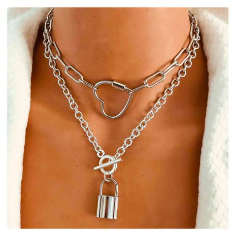 Fashion retro silver chain love lock alloy pendant necklace for women's discount tags