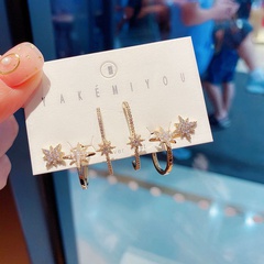 Fashion eight-pointed star Korean 925 silver needle zircon micro-inlaid long earrings ear bone clip set