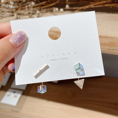 S925 Silver Needle Korea new simple and colorful square crystal wild asymmetric alloy earrings for women