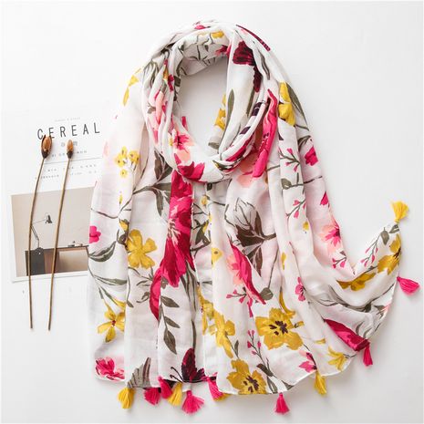 Fashion wild color flower printing ethnic style cotton and linen silk scarf sunscreen shawl for women's discount tags