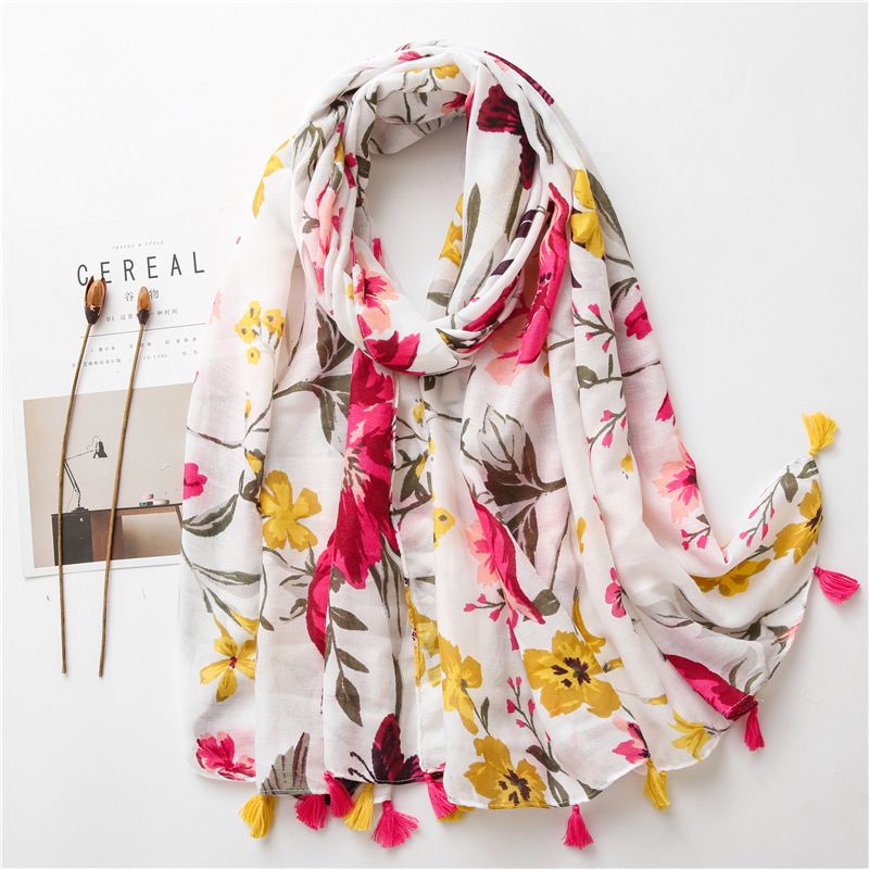 Fashion wild color flower printing ethnic style cotton and linen silk scarf sunscreen shawl for women
