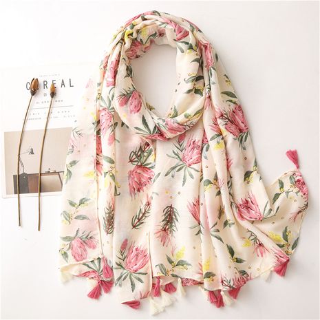 Spring new retro women's pink flower summer sunscreen cotton and linen shawl silk scarf's discount tags