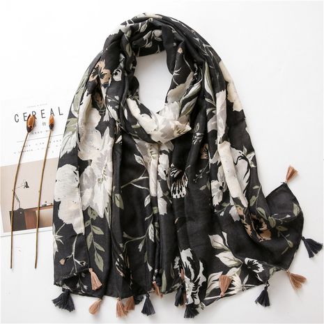 Fashion camellia cotton linen spring new black and white silk scarf beach gauze sunscreen big shawl for women's discount tags