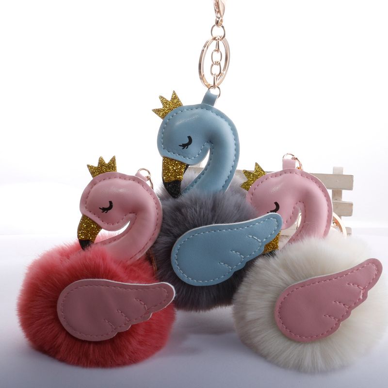 Cute PU swan 8cm fur ball keychain imitation rex rabbit fur ball flamingo bag car key pendant wholesale