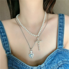 Fashion hip-hop style pearl diamond cross stitching stacking retro clavicle chain necklace for women