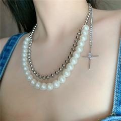 Retro Perle Doppel runde Perle Kreuz Diamant kurze Schlüsselbein Kette Halskette für Frauen